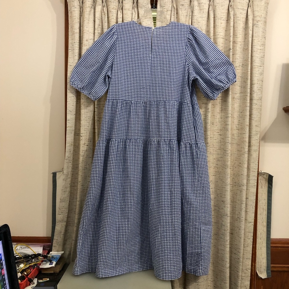 Old Navy Blue & White Gingham Puff Sleeve Tiered Midi Dress - Picture 7 of 9